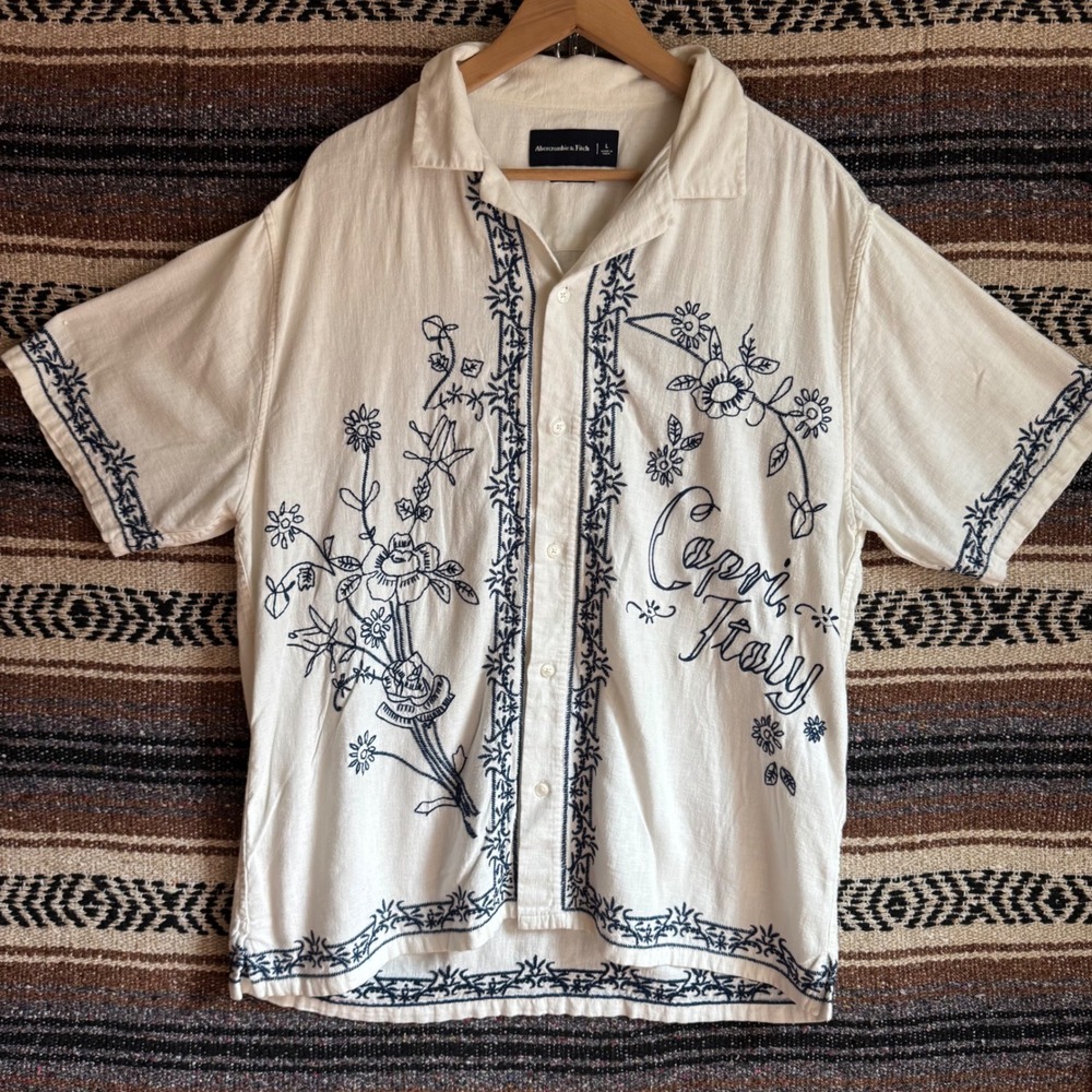 Abercrombie & Fitch Linen Button Down Shirt Large Cream Capri Italy Embroidered